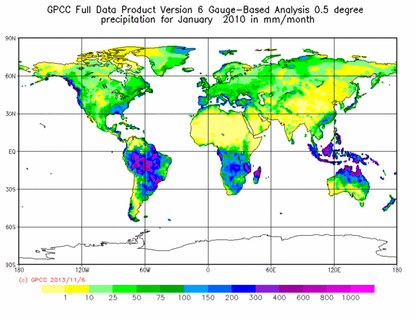 GPCC full Data Reanalysis: Precipitation (mm/month) January 2010