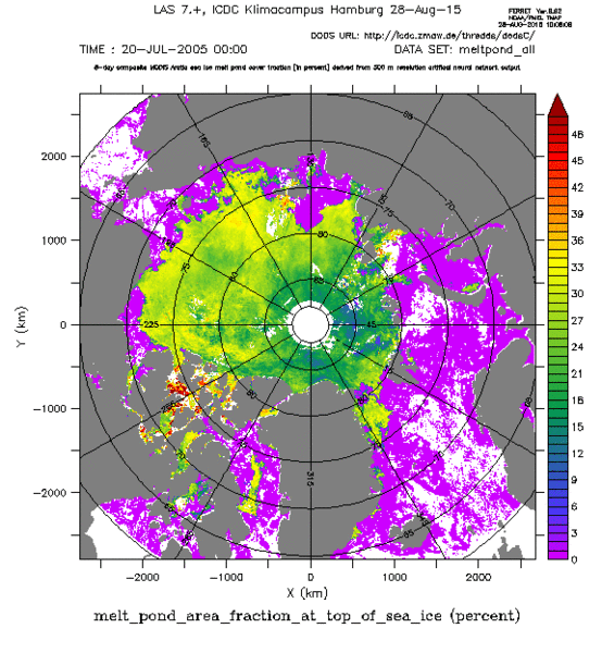 Melt pond cover fraction (per grid cell) on sea ice in the Arctic Ocean for the period July 20-27, 2005.