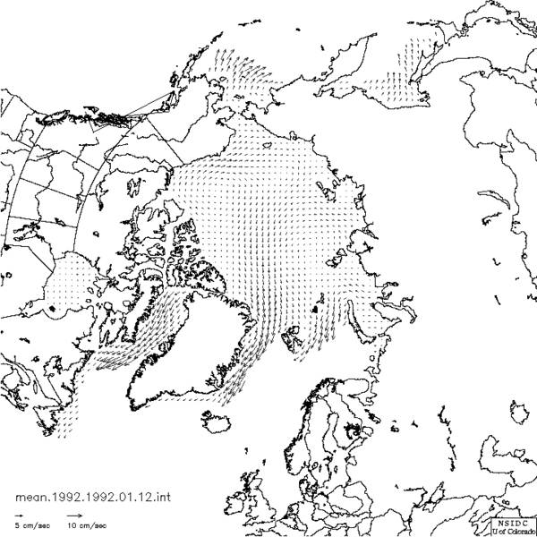 Mean annual sea-ice drift distribution in the northern hemisphere for 1992.