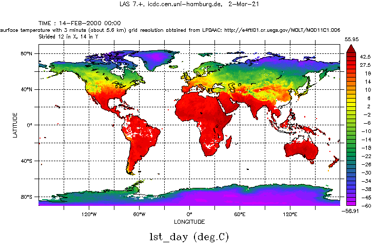 Global land surface temperature from MODIS, Feb 2000