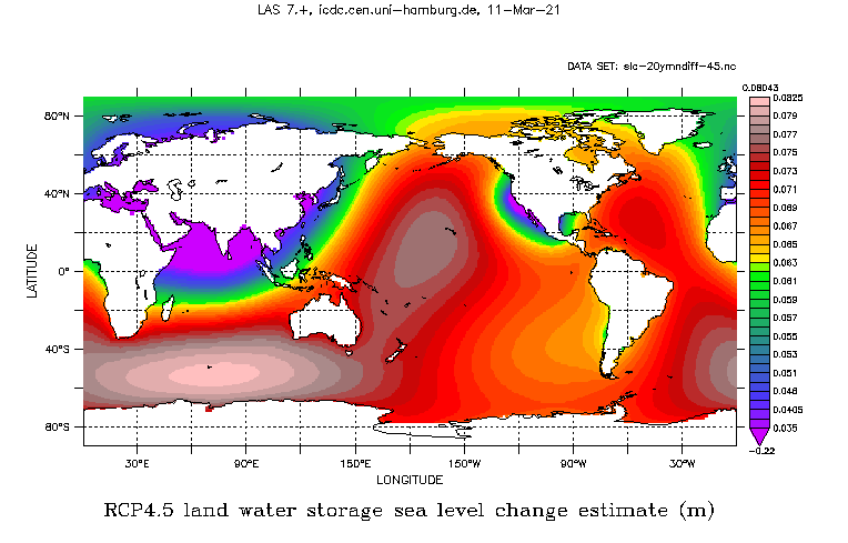 components 20 year mean difference maps: RCP 4.5 land water storage sea level change estimate