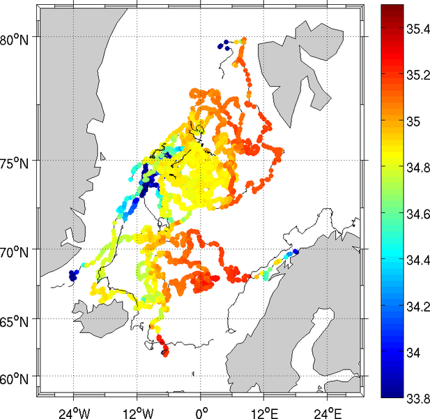 Salinity (in ppt) as measured along the trajectories of the drift buoys of the Surface Velocity Project (SVP) in the North Atlantic during years 2010 to 2012.