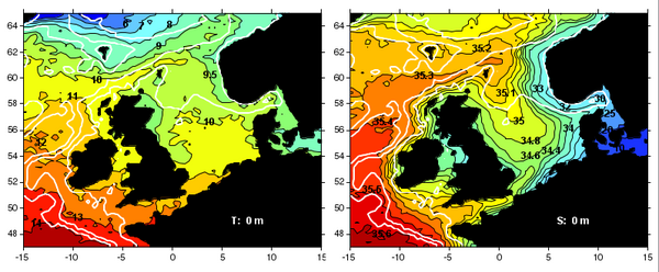 Mean temperature and salinity at the sea surface using all yearly means. The white lines show the bottom contours of 100, 500, and 2000 m depth.