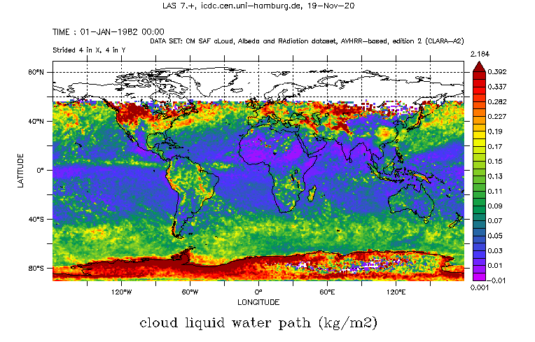 Cloud Liquid Water Path on 1st January 1982 of data set EUMETSAT CM-SAF AVHRR Cloud Parameters (CLARA-A2)