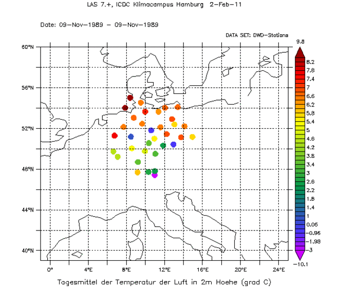 Temperature at DWD stations 9th November 1989.