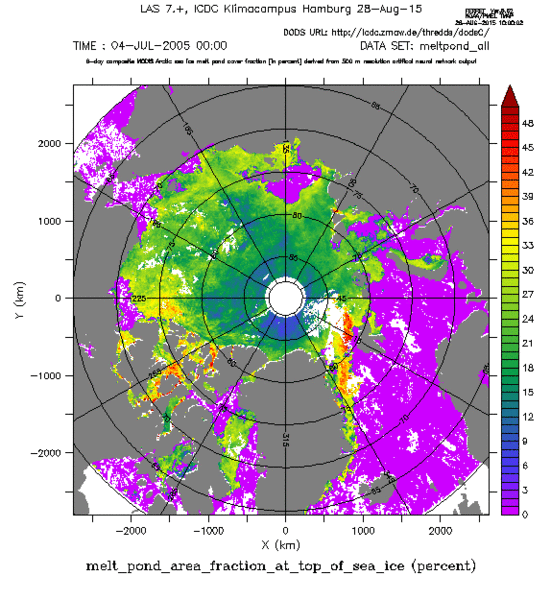 Melt pond cover fraction (per grid cell) on sea ice in the Arctic Ocean for the period July 04-11 2005.