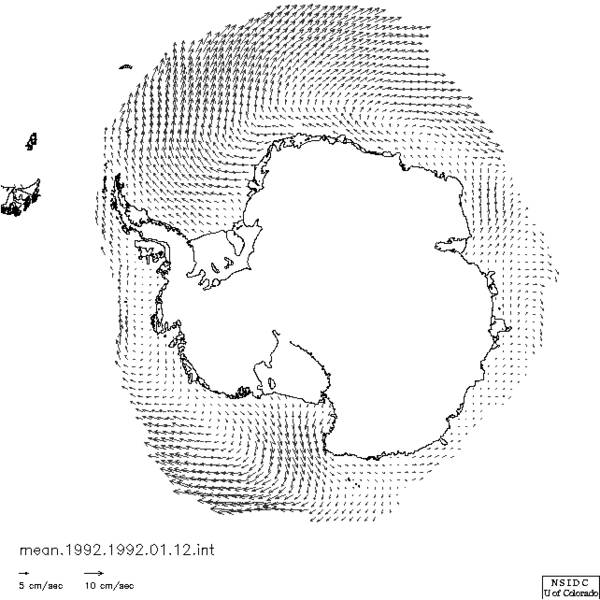 Mean annual sea-ice drift distribution in the southern hemisphere for 1992.