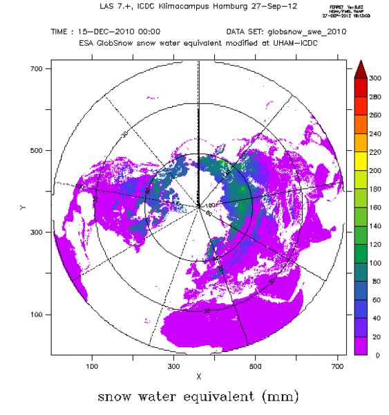 Sample maps of SWE on the northern hemisphere from the ESA-GlobSnow project for winter 2010/2011