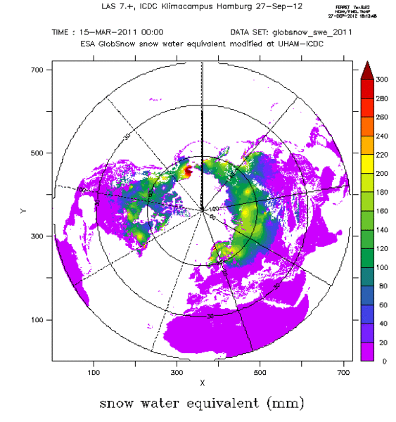 Sample maps of SWE on the northern hemisphere from the ESA-GlobSnow project for winter 2010/2011