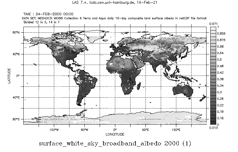 MODIS land surface white sky broadband albedo, Feb 2000