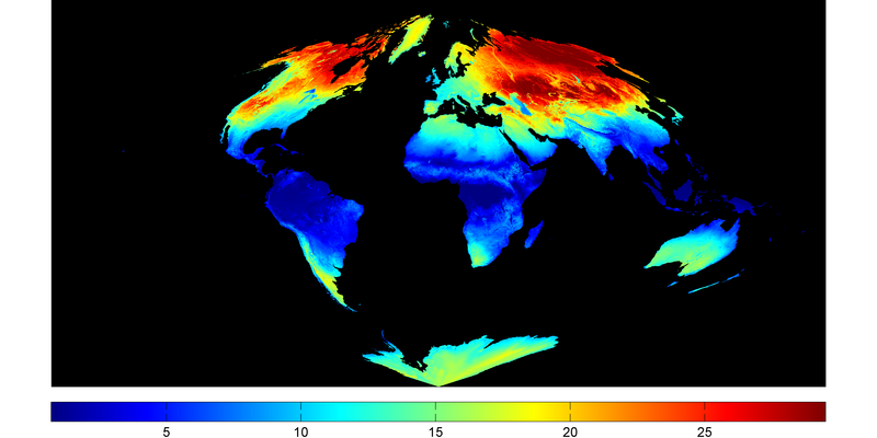 TERRA MODIS daytime annual average land surface temperature amplitude (YAST) for the years 2000-2013.