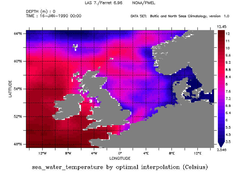 BNSC surface sea water temperature, decadal mean January 1986-1995, optimally interpolated