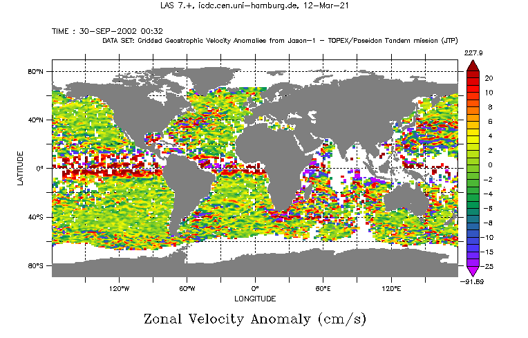 Gridded Geostrophic Velocity Anomalies from Jason-1 - TOPEX/Poseidon Tandem mission (JTP): Zonal Velocity Anomaly.
