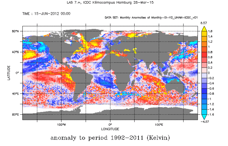 Anomaly of the SST from June 2012 relative to mean SST for June 1992-2001 