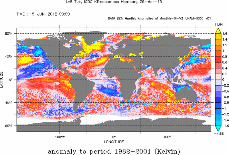 Anomaly of the SST from June 2012 relative to mean SST for June 1982-2001 