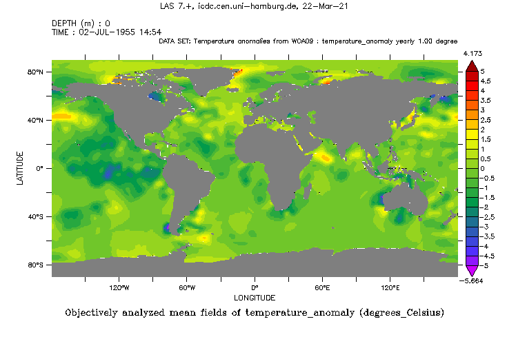 	 Objectively analyzed mean fields of global temperature anomaly, Jul 1955.