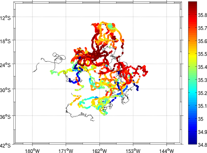 Salinity (in ppt) as measured along the trajectories of the drift buoys of the Surface Velocity Project (SVP) in the Southwest-Pacific during years 2010 to 2012.