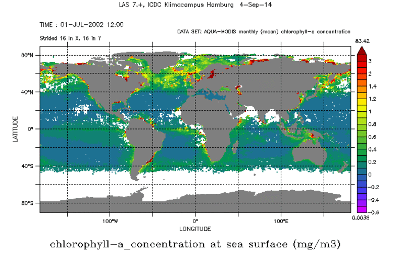 MODIS global monthly mean chlorophyll-a concentration at sea surface, Jul 2002.