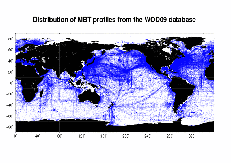 Distribution of MBT profiles from the WOD09 data base.