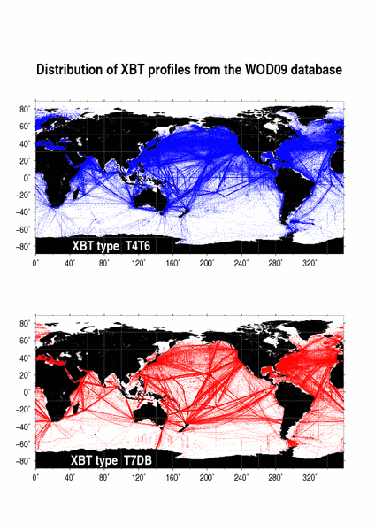 Global distribution of XBT profiles from the WOD09 database.