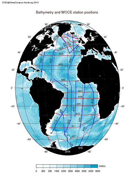 Bathymetry und WOCE stations.