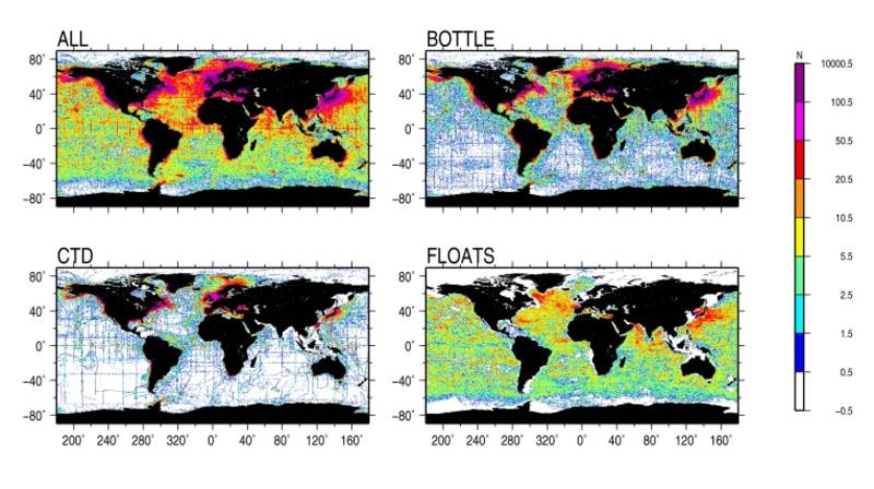 Total number of profiles in 0.5x0.5-degree geographical boxes