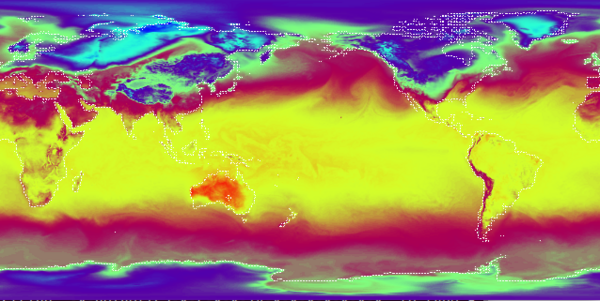 Global 2 m Temperature from ECMWF's ERA5 at 1st January 1979 0:00h