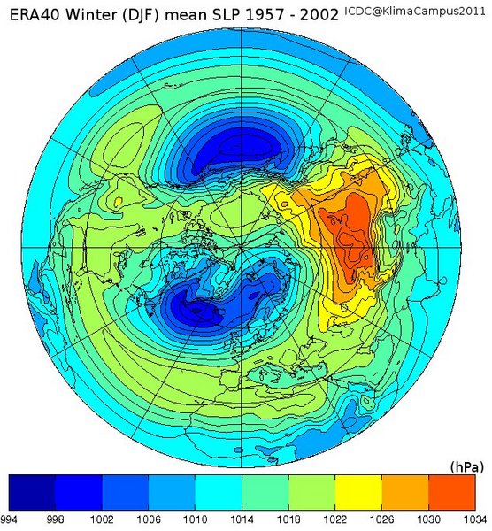 Example ERA40: Winter means of air pressure at NH for the month December, January and February in ERA40 time period 1957-2002.