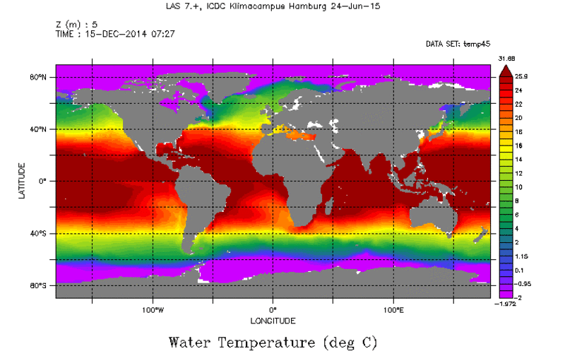 GECCO2 Ocean Reanalysis Global Water Temperature DEC 2014.