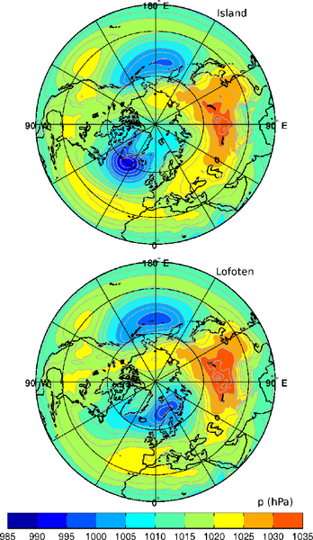 Winter pressure field composites of 19 months with Iceland cases (top) and 20 months with Lofoten cases (bottom) selected from the ILD index value (amount greater than 1 STD) from the period 1957-2002.