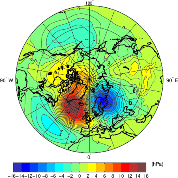 Difference of the pressure field composites of the Iceland cases and Lofoten cases from the ILD index for the winter months (D, J, F) 1957 to 2002.