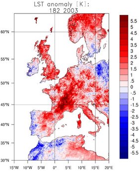 Anomaly of the land surface temperature (LST) derived from MODIS for middle and southern Europe for July 2003.