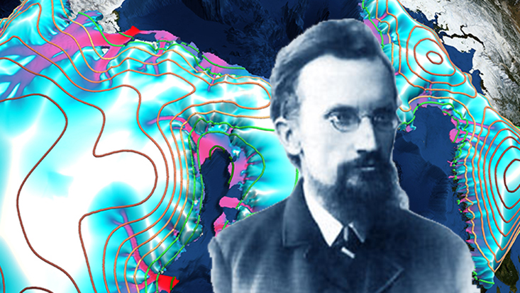 Collage: Visualisierung von Gestein, Portrait des Klimaforschers Wladimir Köppen