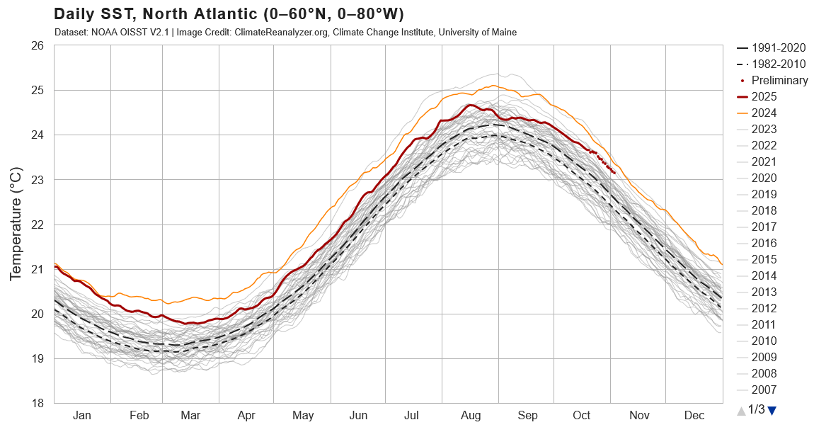 Overview of SST timeseries of the OISST time series from 1981 until recently